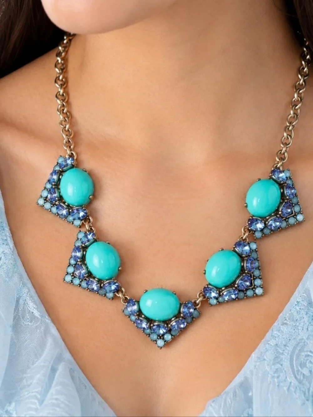 Stella and Dot Rory Jade Jadeite Cabachon Tanzanite Opaline Rhinestone Necklace